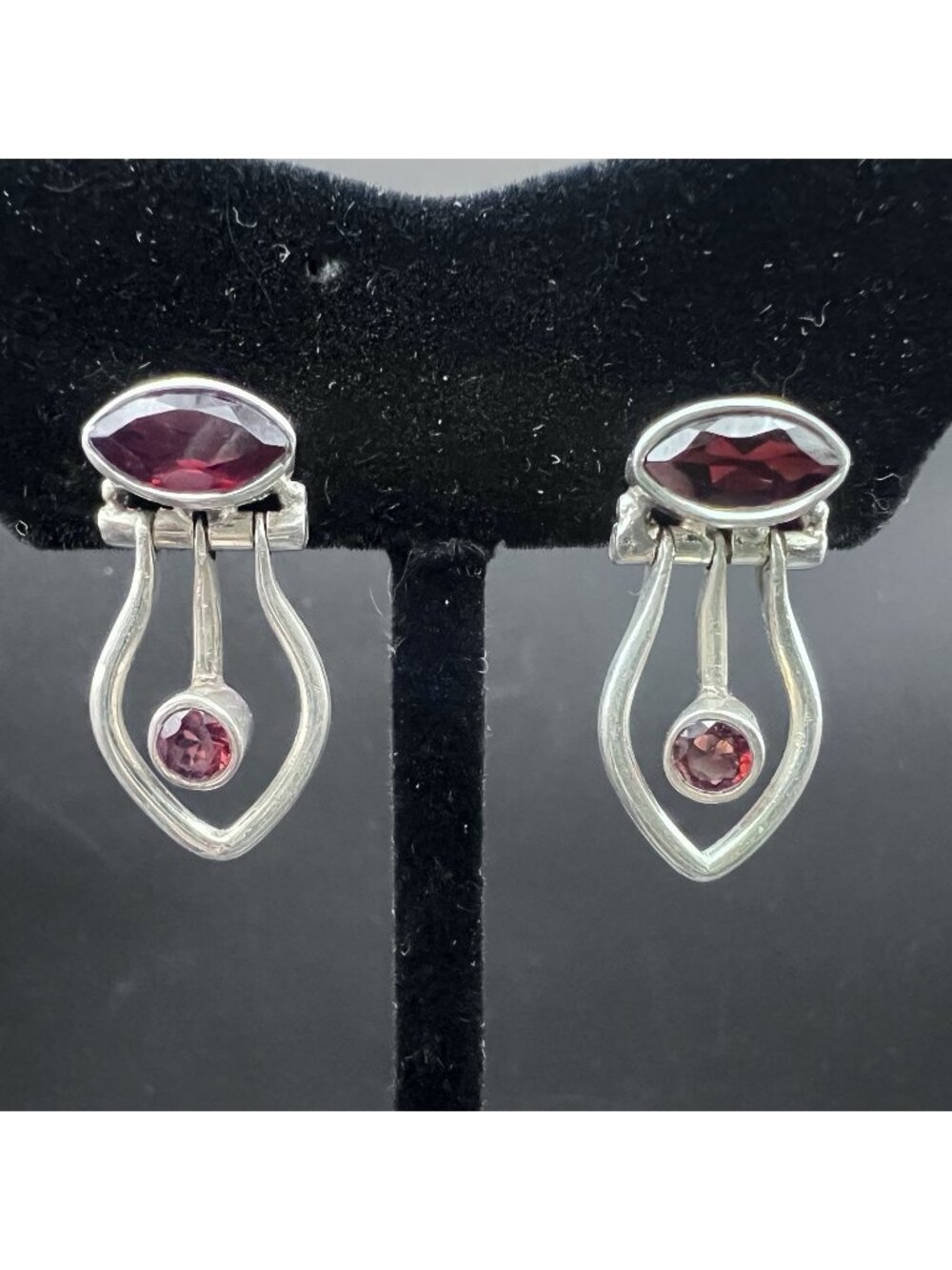 Vintage Sterling Silver Garnet Marquise Articulated Dangle Earrings